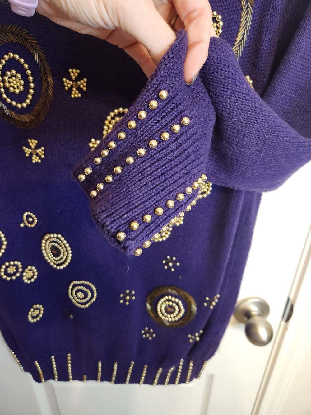 90s Y2K Vintage Purple Beaded Cowl Neck Tunic Sweater - Picture 10 of 14